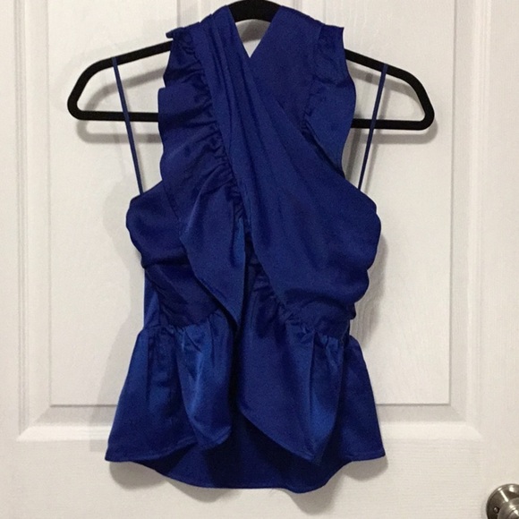 Line & Dot Blue Satin Halter Ruffle Peplum Wrap Going Out Top S NWT - Picture 3 of 16